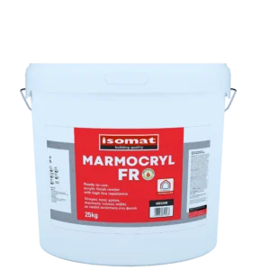 Ακρυλικός, έτοιμος προς χρήση τελικός σοβάς, με υψηλή αντίσταση στη φωτιά. Λεία επιφάνεια. Τεχνικό Φυλλάδιο ΙΔΙΟΤΗΤΕΣ – ΠΕΔΙΑ ΕΦΑΡΜΟΓΗΣ Χαρακτηρίζεται από υψηλή υδροφοβία και υδρατμοπερατότητα. Καταργεί την ανάγκη βαφής των όψεων. Χάρη στην υψηλή ελαστικότητα και την άριστη πρόσφυση που διαθέτει, είναι ιδανικός ως τελική επίστρωση σε συστήματα εξωτερικής θερμομόνωσης κτιρίων. Διατίθεται στους παρακάτω τύπους ανάλογα με το πάχος εφαρμογής τους: MARMOCRYL FR Fine 1 mm. MARMOCRYL FR Fine 1,5 mm. ΑΠΟΧΡΩΣΗ Λευκό και επιλεγμένες αποχρώσεις μέσω του συστήματος χρωματισμού ISOMAT COLOR SYSTEM. Οι αποχρώσεις των σοβάδων MARMOCRYL πιθανόν να παρουσιάσουν μικρές αποκλίσεις από αυτές των χρωμάτων λόγω της υφής του σοβά. ΚΑΤΑΝΑΛΩΣΗ Περίπου 1,8 kg/m²/mm πάχους σοβά. ΣΥΣΚΕΥΑΣΙΑ Λευκό: 25 kg. Αποχρώσεις χρωματολογίου: 25 kg.