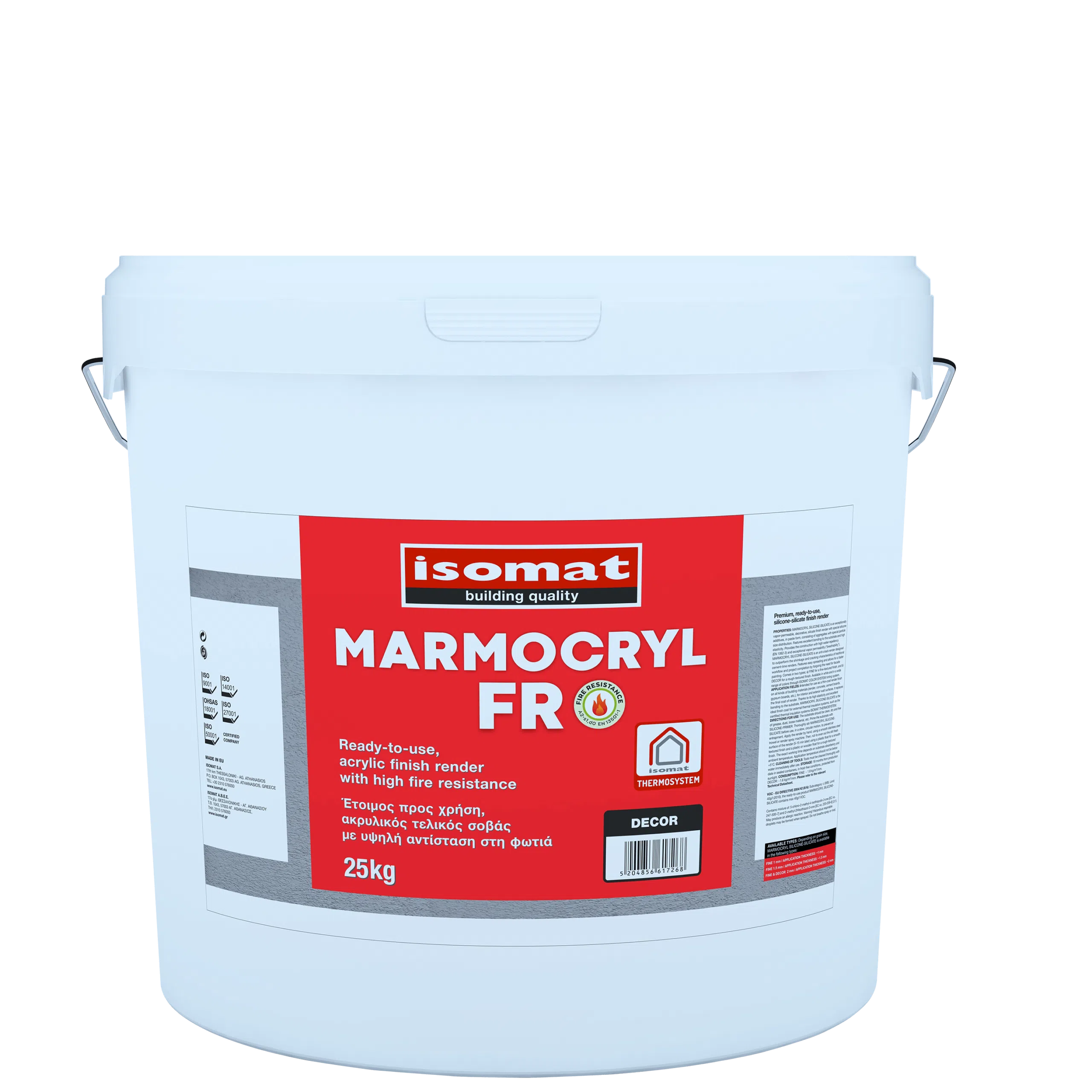 MARMOCRYL-FR-DECOR-25kg Ακρυλικός, έτοιμος προς χρήση τελικός σοβάς, με υψηλή αντίσταση στη φωτιά. Λεία επιφάνεια. Τεχνικό Φυλλάδιο ΙΔΙΟΤΗΤΕΣ – ΠΕΔΙΑ ΕΦΑΡΜΟΓΗΣ Χαρακτηρίζεται από υψηλή υδροφοβία και υδρατμοπερατότητα. Καταργεί την ανάγκη βαφής των όψεων. Χάρη στην υψηλή ελαστικότητα και την άριστη πρόσφυση που διαθέτει, είναι ιδανικός ως τελική επίστρωση σε συστήματα εξωτερικής θερμομόνωσης κτιρίων. Διατίθεται στους παρακάτω τύπους ανάλογα με το πάχος εφαρμογής τους: MARMOCRYL FR Fine 1 mm. MARMOCRYL FR Fine 1,5 mm. ΑΠΟΧΡΩΣΗ Λευκό και επιλεγμένες αποχρώσεις μέσω του συστήματος χρωματισμού ISOMAT COLOR SYSTEM. Οι αποχρώσεις των σοβάδων MARMOCRYL πιθανόν να παρουσιάσουν μικρές αποκλίσεις από αυτές των χρωμάτων λόγω της υφής του σοβά. ΚΑΤΑΝΑΛΩΣΗ Περίπου 1,8 kg/m²/mm πάχους σοβά. ΣΥΣΚΕΥΑΣΙΑ Λευκό: 25 kg. Αποχρώσεις χρωματολογίου: 25 kg.