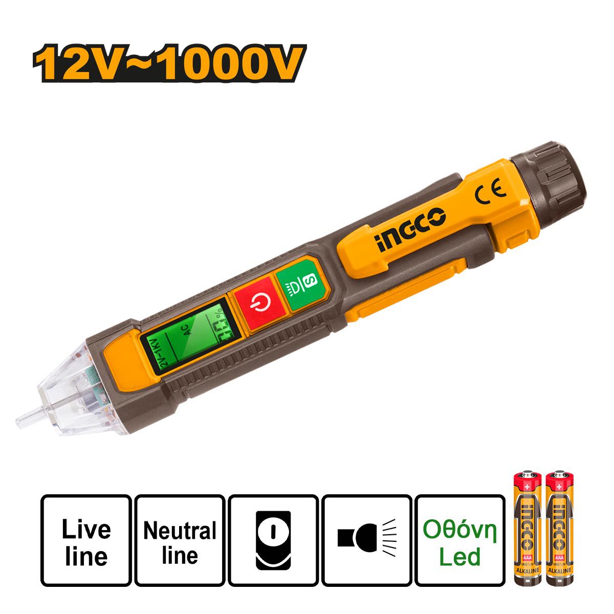 INGCO Ανέπαφο Δοκιμαστικό Τάσης AC 12-1000V/ Φακός led / Οθόνη led
